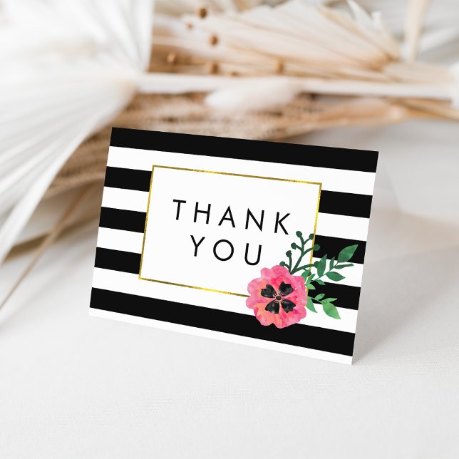 Black Stripe & Pink Floral Merci Cartes (Créateur téléchargé)