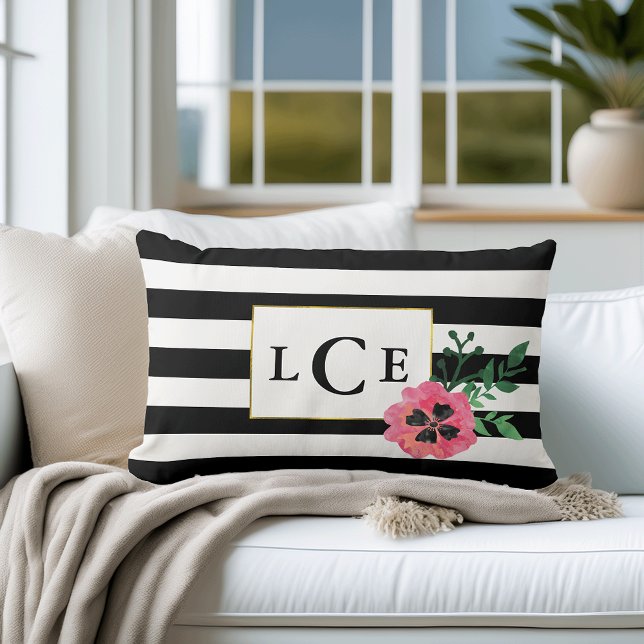 Black Stripe & Pink Floral Monogram Throw Pillow (Creator Uploaded)
