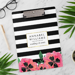 Black Stripe & Pink Floral Personalized Clipboard