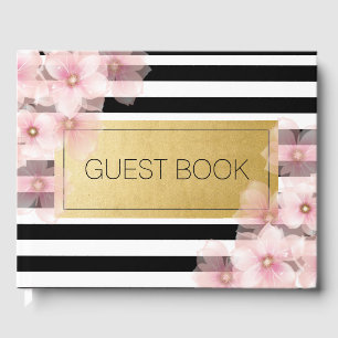 Black Stripe Pink Foral Wedding Guest Book