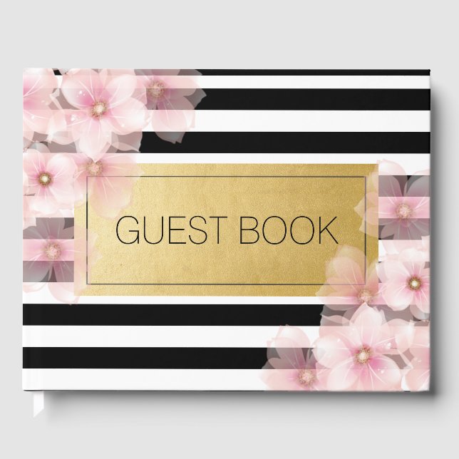 Black Stripe Pink Foral Wedding Guest Book (Front)
