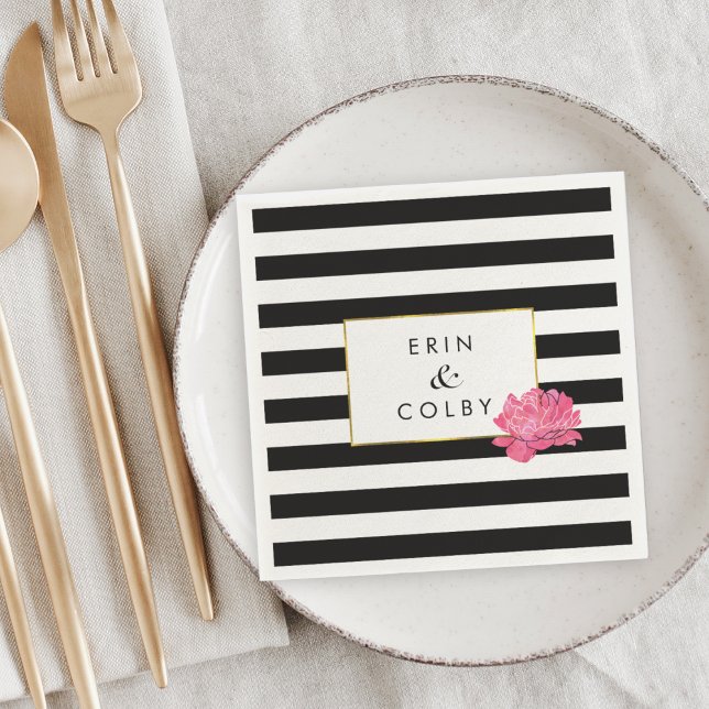 Black Stripe & Pink Peony Napkin (Creator Uploaded)