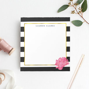 Black Stripe & Pink Peony Personalized Notepad
