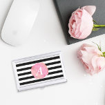 Black Stripe & Pink Watercolor Initial Monogram Business Card Holder<br><div class="desc">This chic,  feminine business card holder features black and white stripes with a pink watercolor blot that surrounds your initial or monogram in white serif italic.</div>