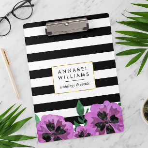 Black Stripe & Purple Pansy Personalized Clipboard