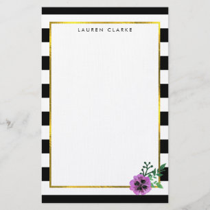 Black Stripe Purple Pansy Personalized Stationery