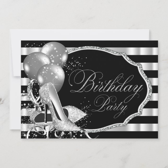 Black Stripe Silver High Heels Birthday Party Invitation (Front)