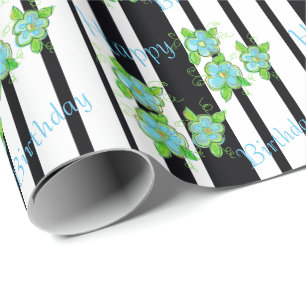 Black Stripe With Blue Floral Wrapping Paper