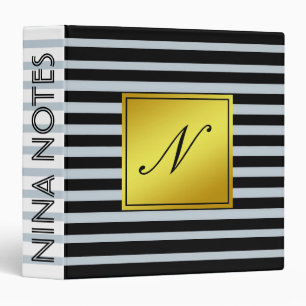 Black Striped Clean Gold Monogram Personalized Binder