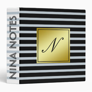 Black Striped Clean Gold Monogram Personalized Binder