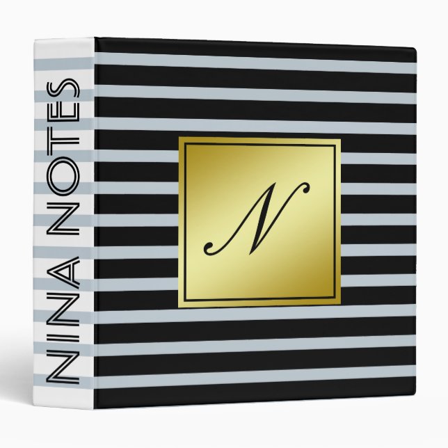 Black Striped Clean Gold Monogram Personalized Binder (Front/Spine)