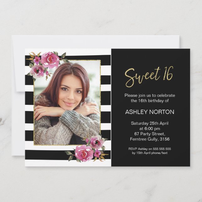 Black Striped Floral Sweet 16 Birthday Invitation (Front)