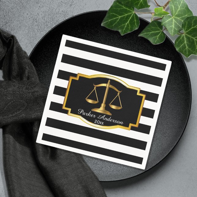 Black Striped Gold Law Scales Graduation Party Napkin (Creator Uploaded)