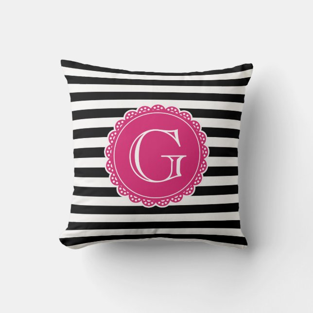 Black Striped Pattern Hot Pink Monogram Throw Pillow (Front)