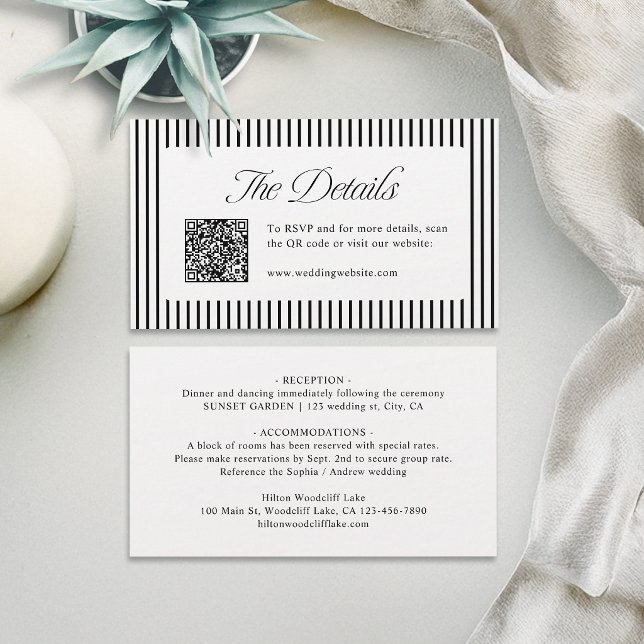 Black Striped QR Code Classy Wedding Details Place Card (Black Striped QR Code Classy Wedding Details Place Card)