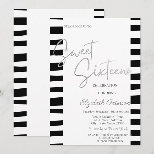 Black Striped Silver Script Sweet 16  Invitation (Front/Back)