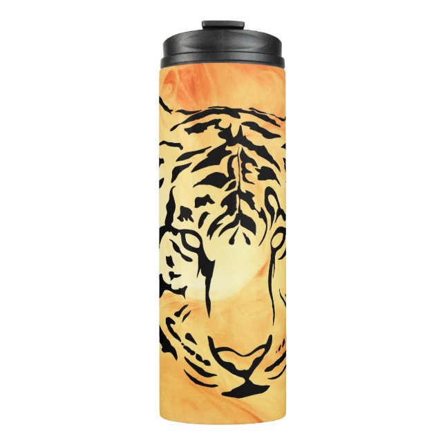 Black Striped Tiger on Fiery Orange Thermal Tumbler (Front)
