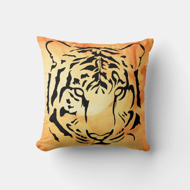 Black Striped Tiger on Fiery Orange Throw Pillow (Front)