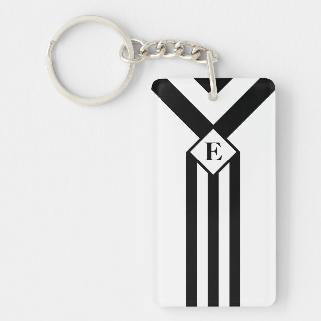 Black Stripes and Chevrons with Monogram on White Keychain (Front)