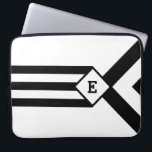 Black Stripes and Chevrons with Monogram on White Laptop Sleeve<br><div class="desc">Three alternating black and white chevrons descend from the top of the geometric pattern and end at a diamond. It looks like a stylized medal hanging from a ribbon. The diamond contains a customizable monogram. Three black stripes extend from the bottom of the diamond to the base of the vertical...</div>