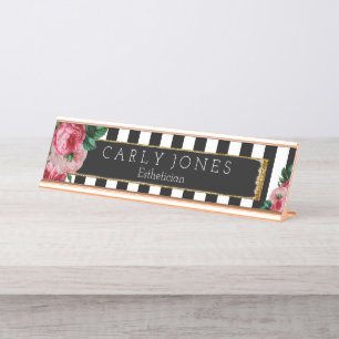 Black Stripes and Floral Desk Nameplate