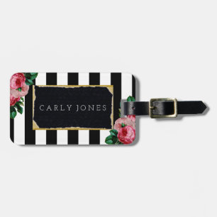 Black Stripes and Floral Luggage Tag