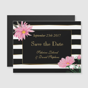 Black Stripes and Pink Chrysanthemum Save the Date Magnetic Invitation