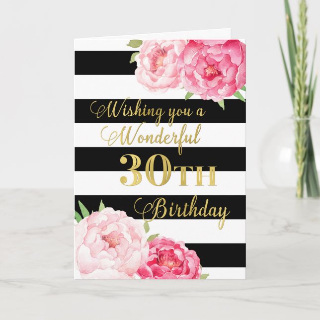 Black Stripes and Pink Flowers Happy 30th Birthday Card (Front)