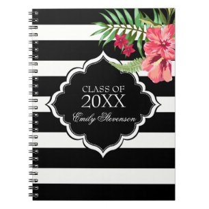 Black Stripes And Pink Hibiscus-Graduations Notebook