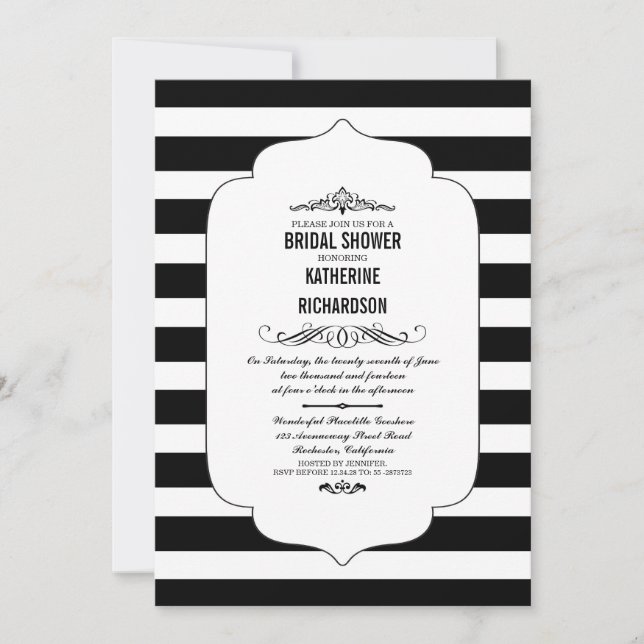 Black Stripes Ascot Chic Bridal Shower Invites (Front)