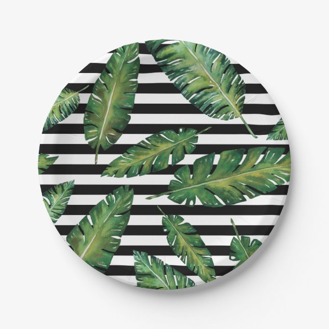 Black stripes banana leaf tropical summer pattern paper plate (Front)