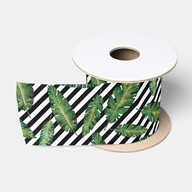 Black stripes banana leaf tropical summer pattern satin ribbon (Spool)