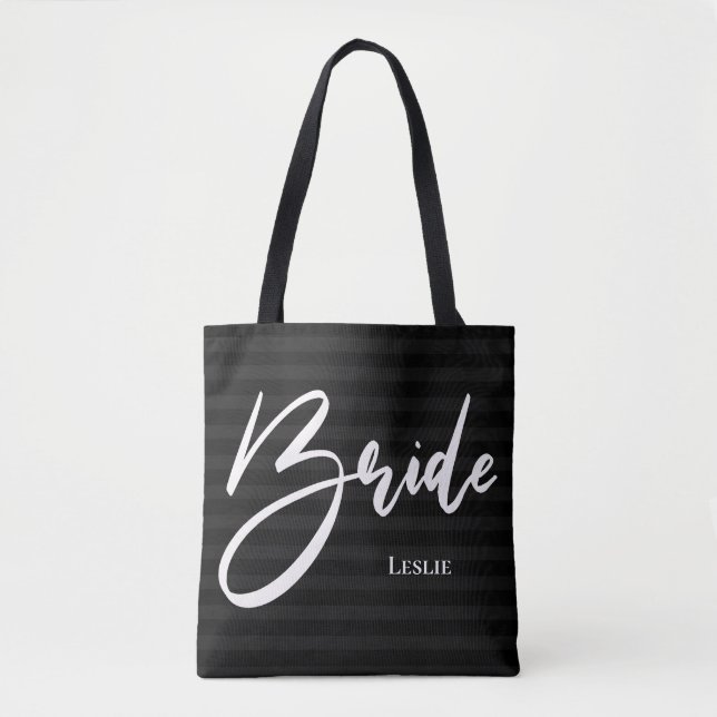 Black Stripes Chic Bride Tote White Print Bag (Front)