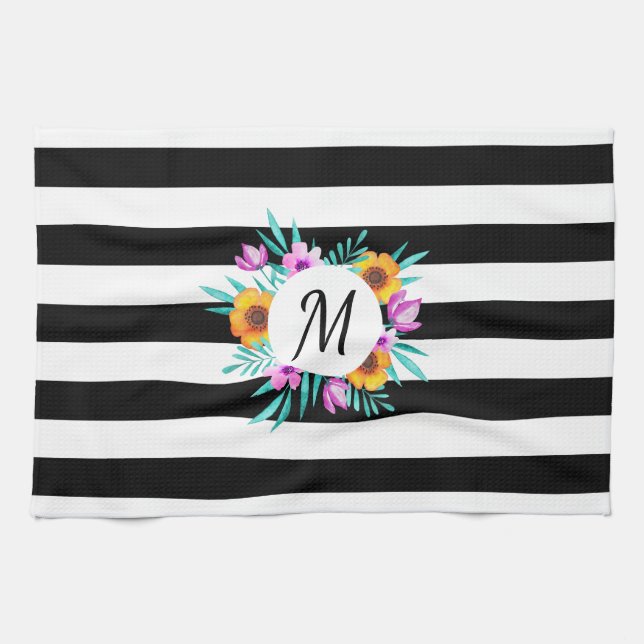 Black Stripes Floral Wreath Personalized Initial Kitchen Towel (Horizontal)