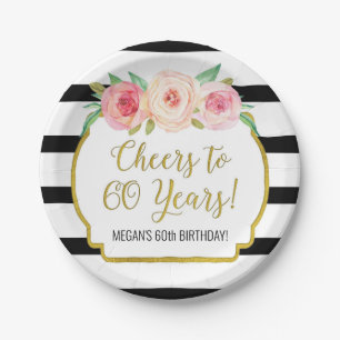 Black Stripes Flowers Cheers to 60 Years Birthday Paper Plate
