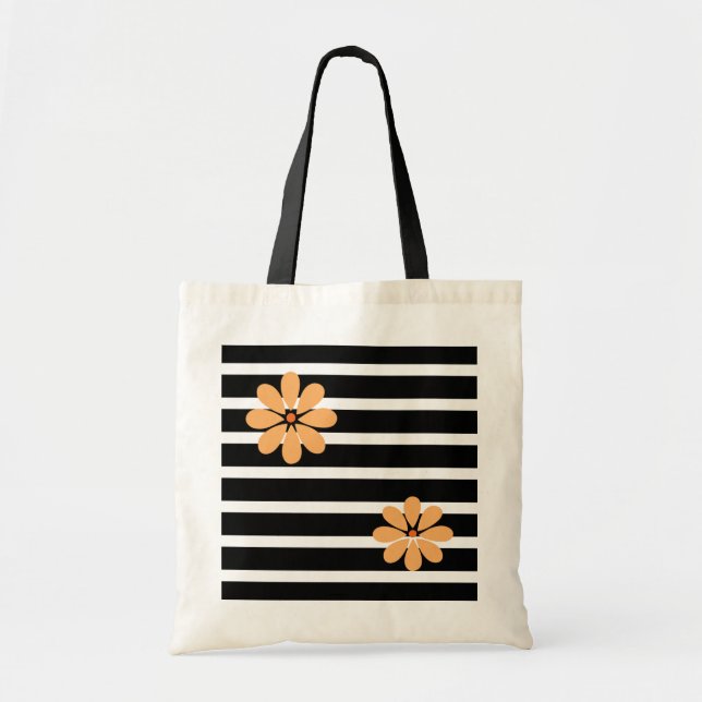 Black Stripes Flowers Tote Bag (Front)