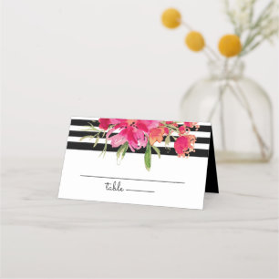 Black Stripes Fuchsia Flowers Wedding Place Card