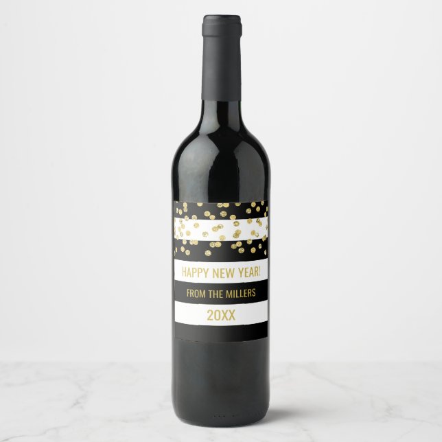 Black Stripes Gold Confetti Custom New Year Wine Label (Front)