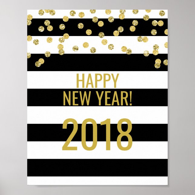Black Stripes Gold Confetti Happy New Year 2018 Poster (Front)