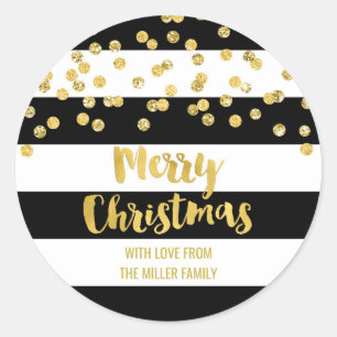 Black Stripes Gold Confetti Merry Christmas Custom Classic Round Sticker