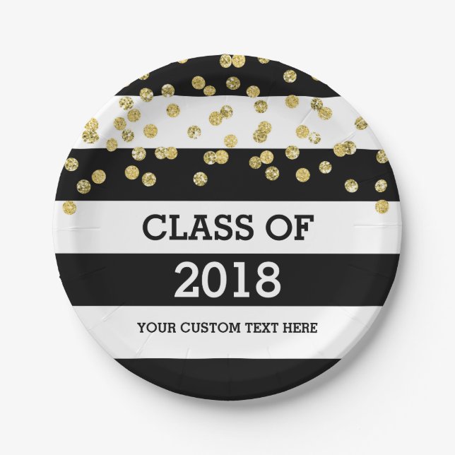 Black Stripes Gold Dots Class of 2018 Graduation Paper Plate (Front)