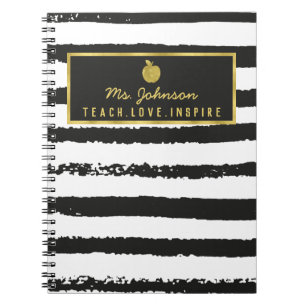 Black Stripes Gold Foil Apple Teacher Name Notebook