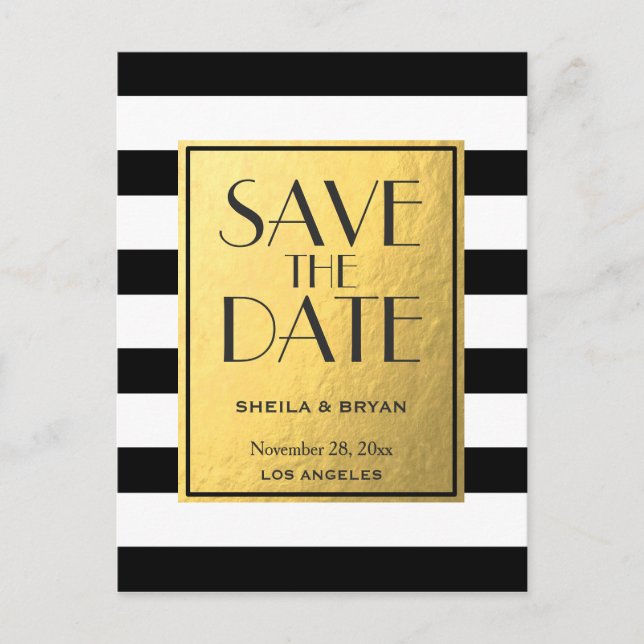 Black Stripes Gold Foil Save The Date Post Card (Front)