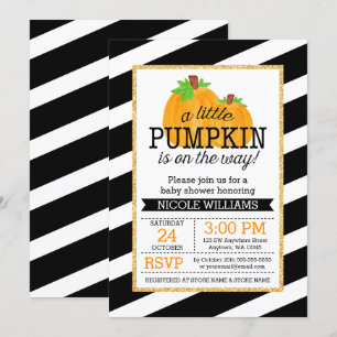 Black Stripes Gold Little Pumpkin Fall Baby Shower Invitation