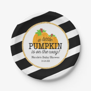 Black Stripes Gold Little Pumpkin Fall Baby Shower Paper Plate