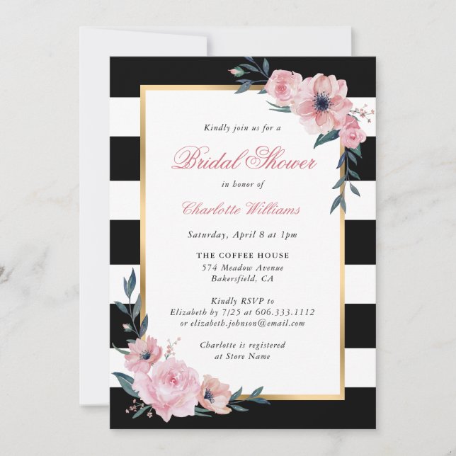 Black Stripes Gold Pink Floral Bridal Shower Invitation (Front)