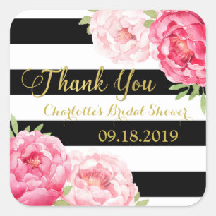 Black Stripes Gold Pink Floral Bridal Shower Square Sticker