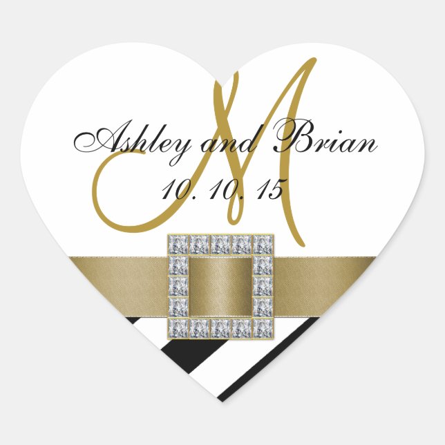 Black Stripes Gold Ribbon Initial Wedding Favour Heart Sticker (Front)