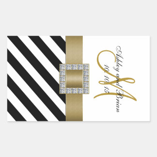 Black Stripes Gold Ribbon Initial Wedding Wine Sticker
