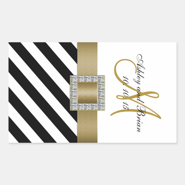 Black Stripes Gold Ribbon Initial Wedding Wine Sticker (Front)